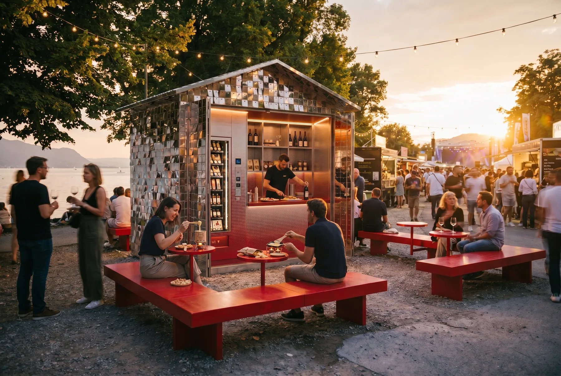 Guests at a warm-lit evening event around a pavilion bar under string lights