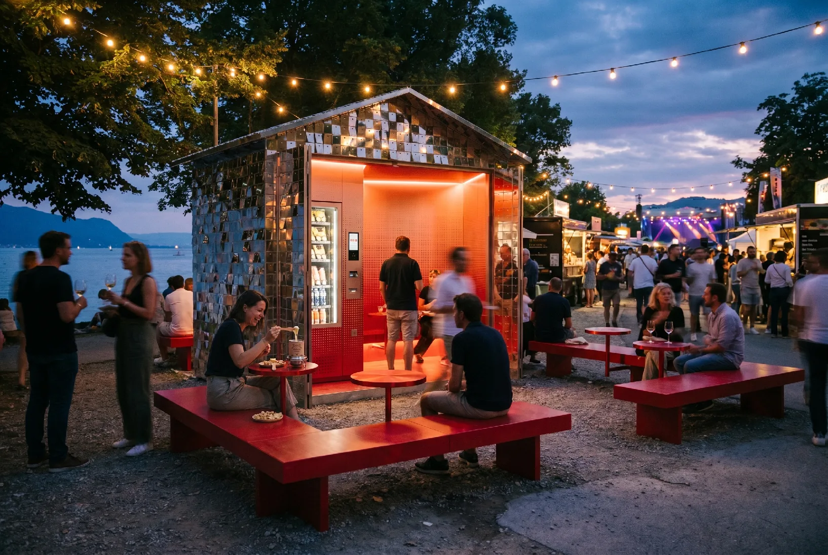 People gather on red benches around a glowing pavilion by a lake at dusk
