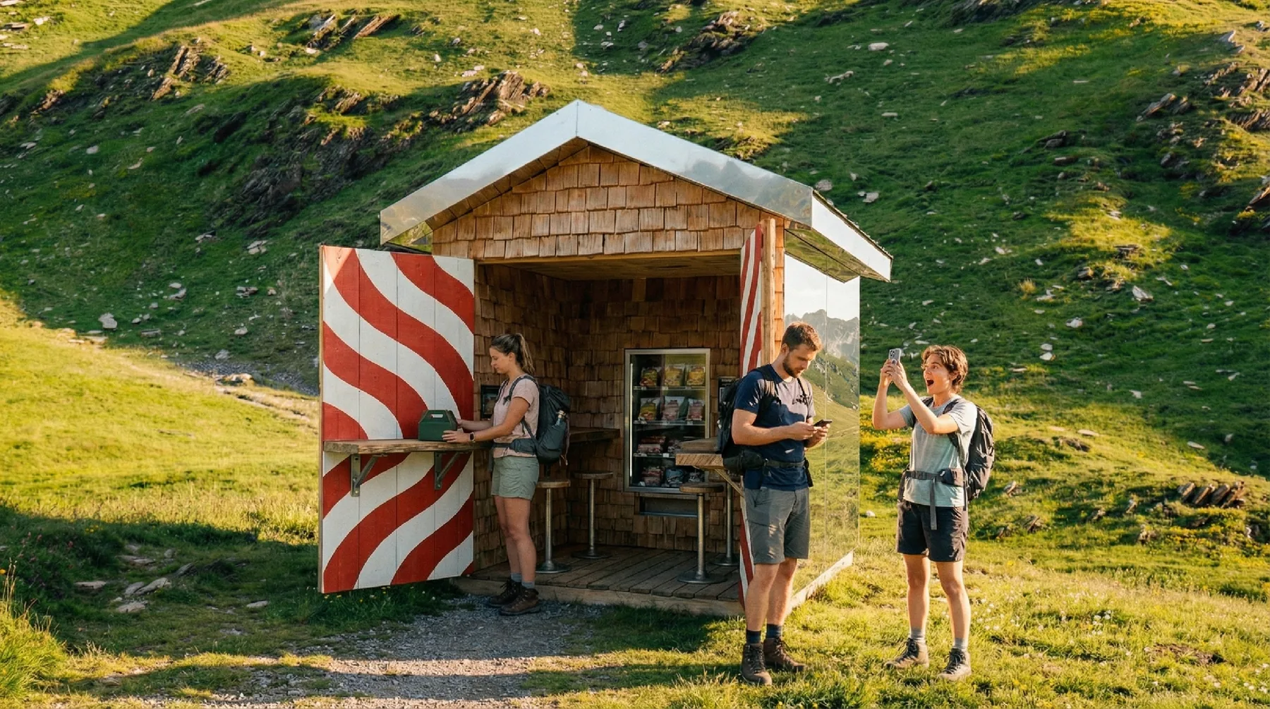Hikers chat outside a shingled pavilion on a green mountain pasture