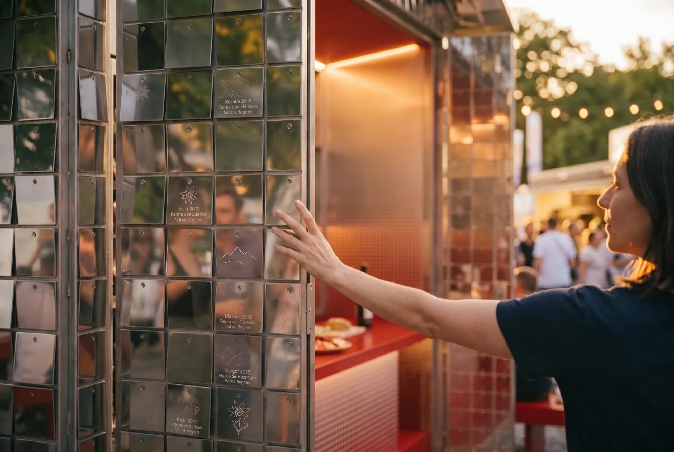 A visitor touches the mirrored, pixelated façade of a pavilion at an evening event