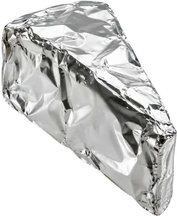 A cheese wedge wrapped in silver foil