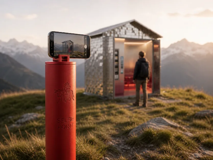 A red camera pillar in front of a mirrored pavilion on a grassy summit at golden hour