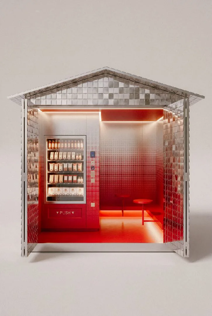 Pavilion variant with a signal-red lacquered interior