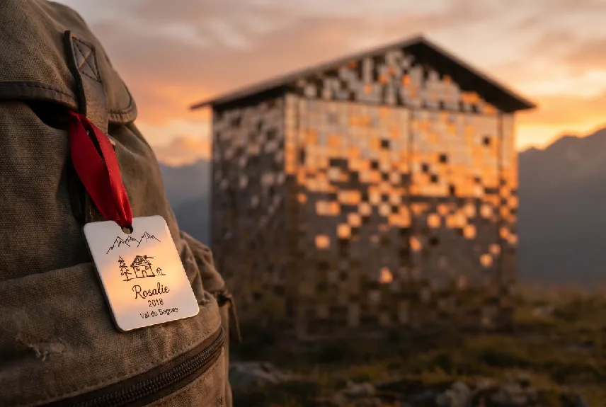 A collectible tag hangs from a hiker's backpack while a mirrored pavilion glows in the sunset behind